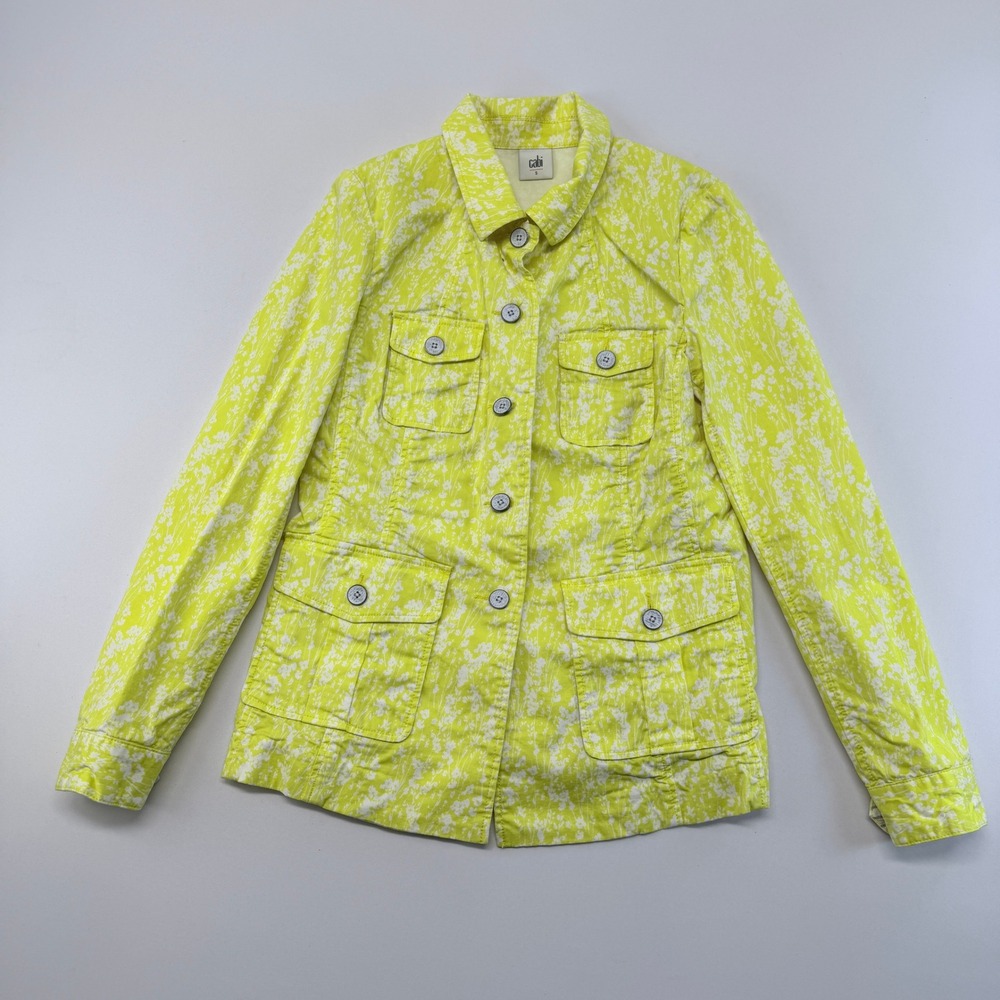 Cabi Yellow Floral Utility Jacket Size S Button Front Stretch Cotton